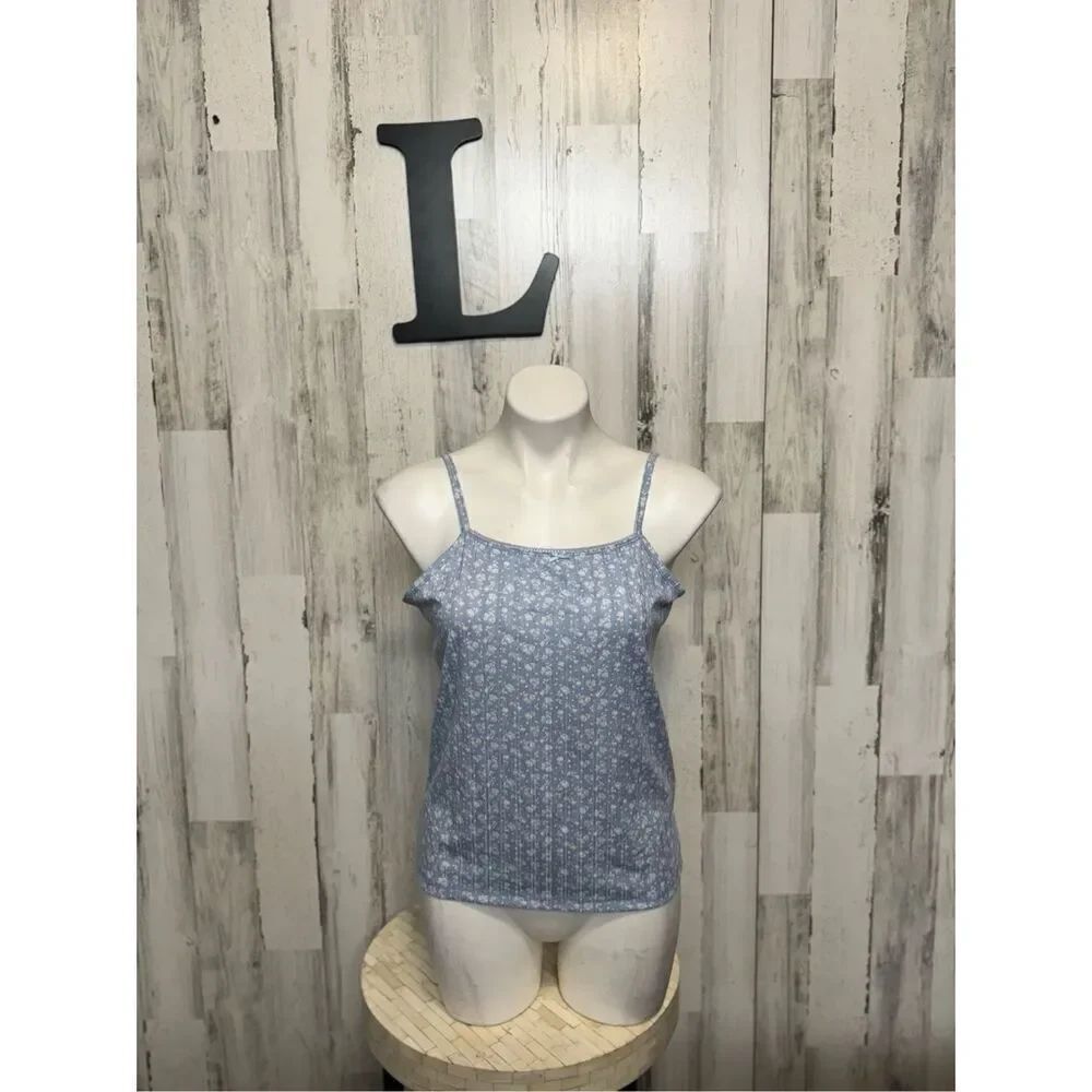 Happily Grey Blue Floral Ribbed Cami Tank Top Women’s Size L Adjustable Straps